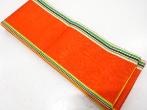 縞に花模様織り出し　半幅帯